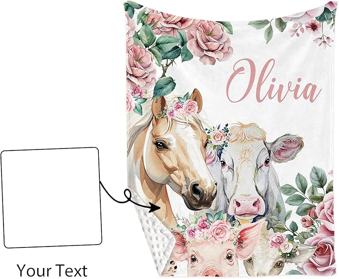 Custom Nursery Crib Bedding Set: Personalized Name 4 Piece Flower Horse Design Baby Crib Sets for Girls - Toddler Double Layer Blanket Set, Comfortable Crib Bed Sheets for Baby Toddlers