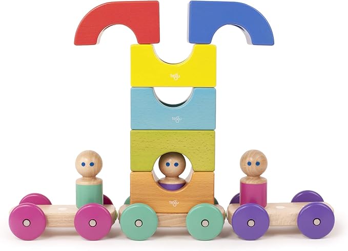 12 Piece Tegu Magnetic Tram Building Block Set, Rainbow