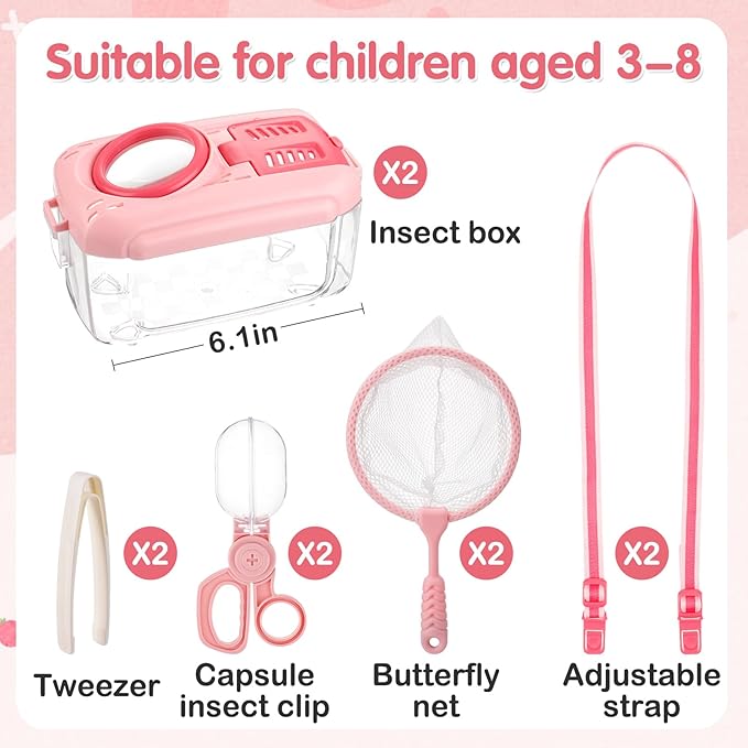2Sets Bug Catcher for Kids- Sturdy Kids Bug Catching Kit Gifts with Collector Butterfly Net Tweezer, Bugs Habitat Outdoor Explorer Kit for Age 3 4 5 6 7 8, 8Pcs, Pink