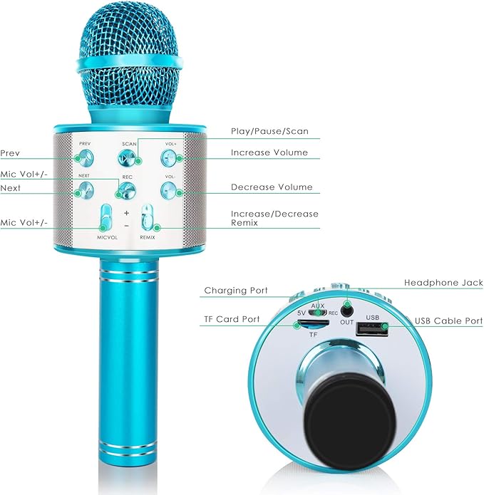 KIDWILL Wireless Bluetooth Karaoke Microphone for Kids, 5-in-1 Portable Handheld Karaoke Mic Speaker Player Recorder with Adjustable Remix FM Radio for Kids Girls Boys Teens Birthday (858-Blue)