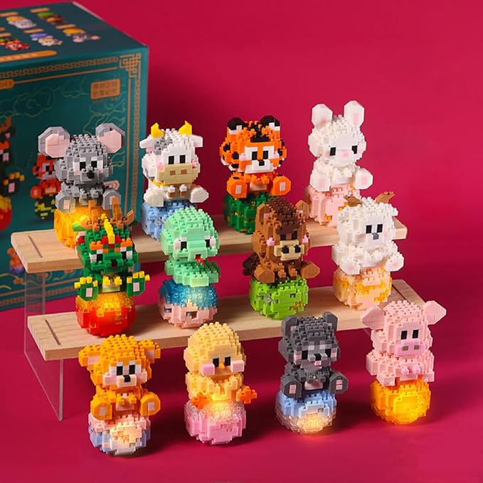 12 Mini Animals Building Blocks Sets Building Block Party Favor for Kids Small Zodiac Animals Pets Horse Dog Monkey Tiger Rabbit Dragon STEM Educational Toys for Boys Girls(Cattle)