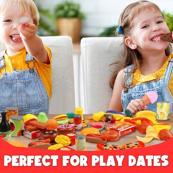 120 PCS Pretend Play Food Toys for Kids Play Kitchen - BPA-Free Mini Kitchen Accessories and Plastic Fake Food Toys with Veggies, Fruits, Pizza - Imaginative Play Set for Toddlers, Boys, Girls