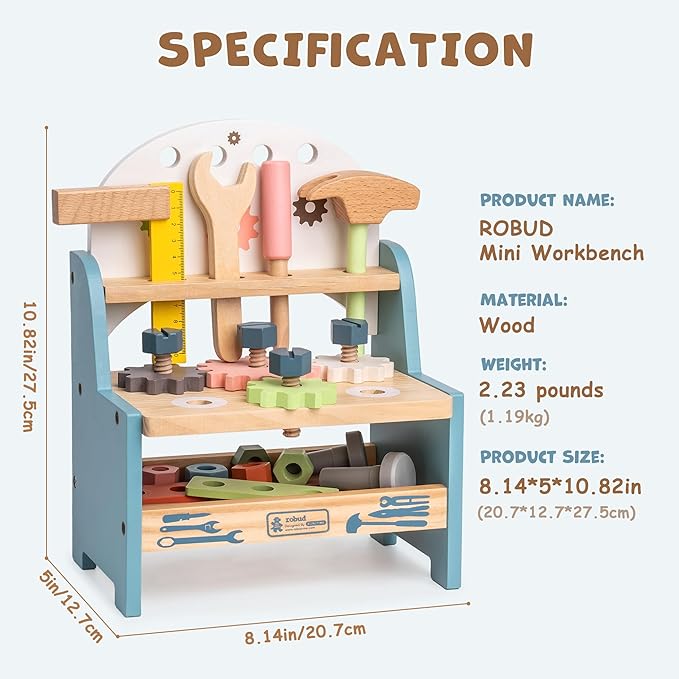 ROBUD Mini Wooden Play Tool Workbench Set for Kids Toddlers - Montessori Toys for 3 4 5 Years Old Boys Girls