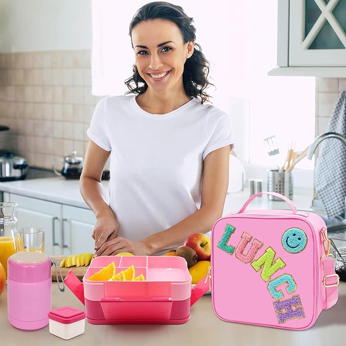 Pink Lunch Box for Girls with 10oz Thermo, with 6 Compartment Bento Box, Nylon Insulated Lunch Bag Adjustable Strap for Girl Kids Teens School Travel Picnic