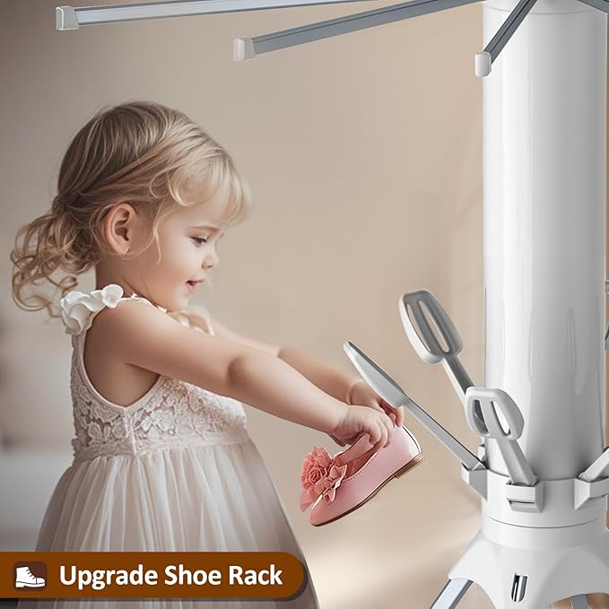 Clothes Drying Rack 2025 Upgrade 4-Legged 3-Tier Foldable Laundry Rack with 4 Pulleys 20 Clips,6 Shoe Dryers 16Drying Rods for Indoor/Outdoor, Camping, Poolside Space Saving, Whit