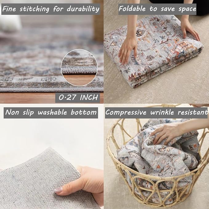 Area Rug 2x3 Washable Rug Door Mat Vintage Distressed Rug Doormat Indoor Entrance Traditional Thin Floral Print Non Slip Carpet for Kitchen Bathroom Bedroom Living Room
