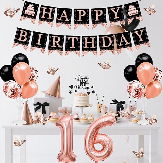 16th Birthday Decorations for Girls - 56pcs Rose Gold Happy 16th Banner, 16th Birthday Crown Sash, Cake Topper, Number 16 balloons, 3D Butterflies, 4 Balloon Stands kits
