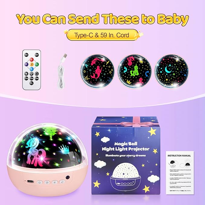 Unicorn Night Light for Girls, Unicorn Room Decor for Girls Bedroom, Star Projector, Remote+Dimmable Little Mermaid Toys, 360° Silent Rotation, Princess Night Light