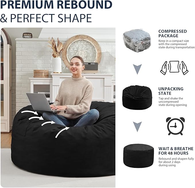 3FT Bean Bag Chair, Comfy Bean Bag Chairs with Memory Foam Filled, Fluffy Beanbag Sofa with Dutch Velvet Cover, Round BeanBag Chairs for Living Room, Playroom - Black