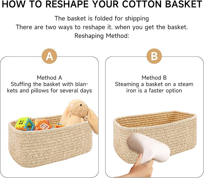 Small Storage Baskets for Organizing | Closet Organizer Bins | Shelf Toy Basket | Woven Rope Baskets | Cube Decorative Box | Shallow Basket | 13x8.5x5.1” | 3 Packs Pink
