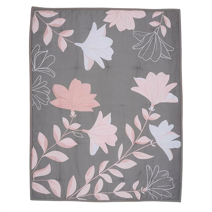 Lambs & Ivy Petals Gray/Pink Sateen Cotton Floral 3-Piece Baby Crib Bedding Set