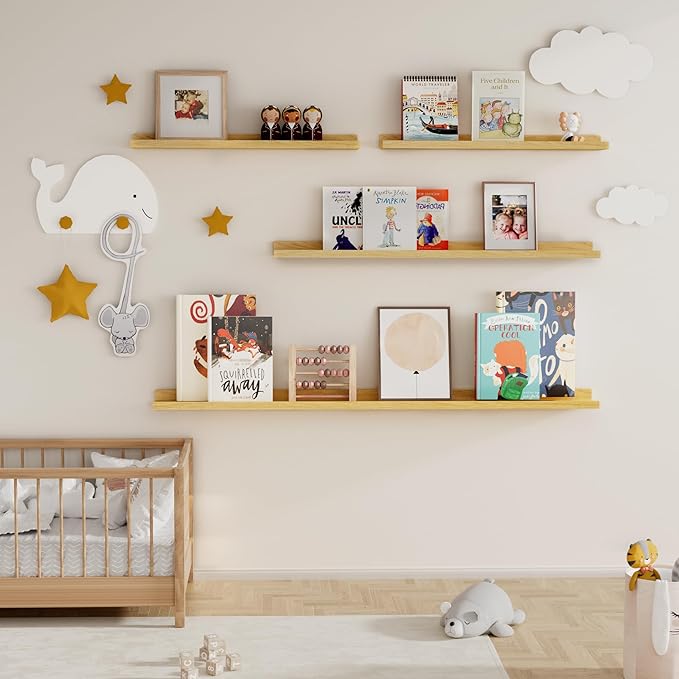 Picture Ledge Shelf for Wall, Floating Shelves Set of 4, 36 Inch Long Nursery Book Shelves for Toys Storage, Kids Bookshelf Wall Mounted for Books Photo Frames, Oak