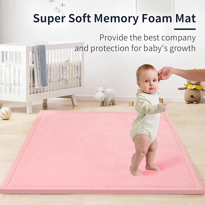 ACOMOPACK Baby Play Mat for Floor 1.3" Thick Memory Foam Play Mat 79"×157 Tummy Time Crawling with Non-Slip Bottom for Living Room,Nursery,Soft Velvet Playpen Mats for Kids,Infants(Pink)
