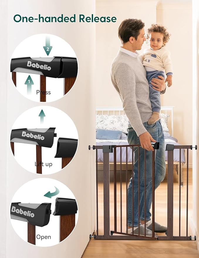 Babelio Metal Auto Close Baby Gate,Extra Wide Pet Gate for The House and Doorways, Pressure Mounted Walk Thru Child Gate with Door (Black Wood Pattern, 30" Tall 29"-55" Wide)