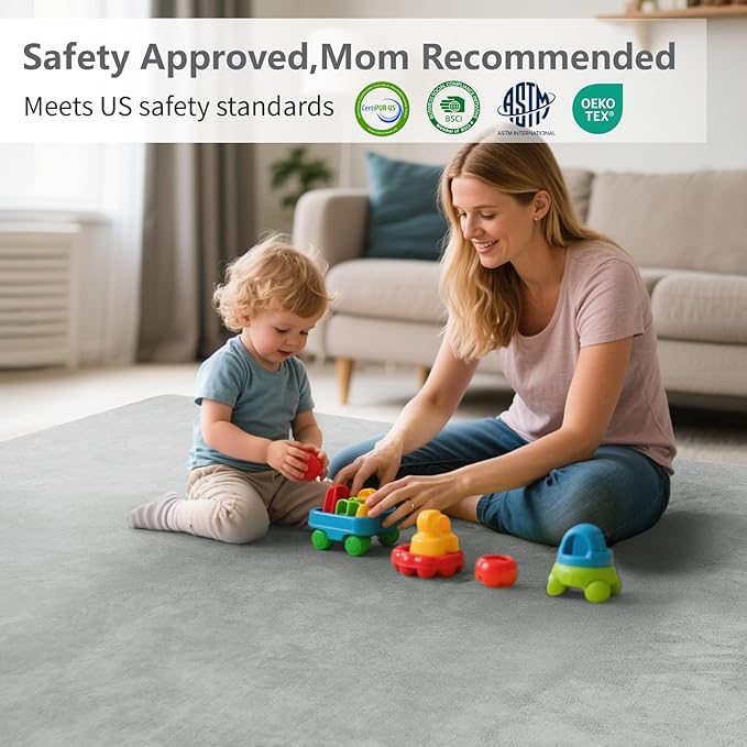 Baby Play Mat for Floor,Extra Large 79"×118" Tummy Time Mat,Thicker Memory Foam Mat for Toddler,Infant,Kids,Water Repellent Ultra Soft Coral Velvet,Non-Slip Backing Safe for Crawling(Light Grey)