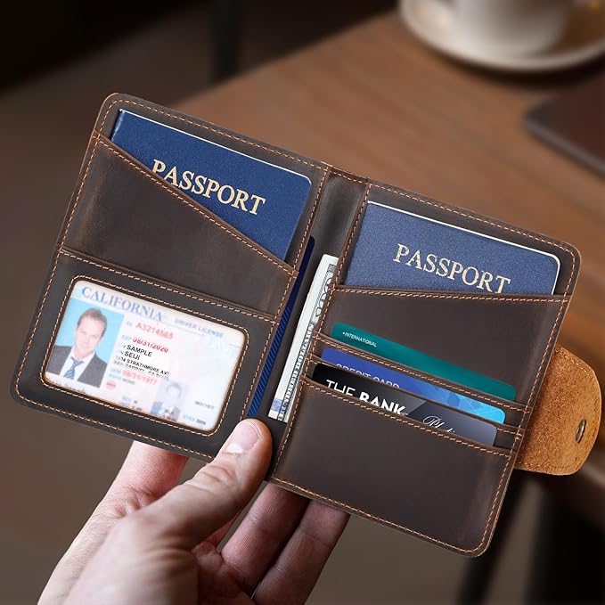 Real Leather Wallet Functional RFID Bifold Passport Holder Travel (Dark Brown)