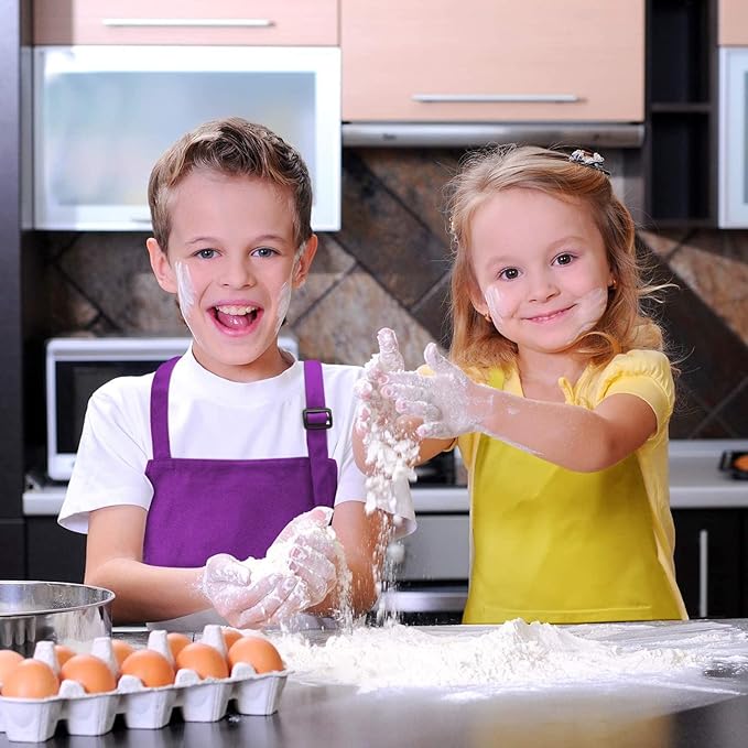 12Pcs Kids Chef Aprons Bulk, Child Aprons Art Aprons Set, Adjustable Children Chef Aprons with 2 Pockets for Boys Girls Cooking Painting, 12 Color(L for 7-13 Age)