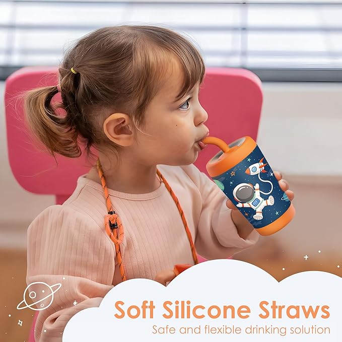 Kid Insulated Stainless Steel Tumbler with Silicone Straw, 12oz Sippy Cup for Kids (Astronaut)