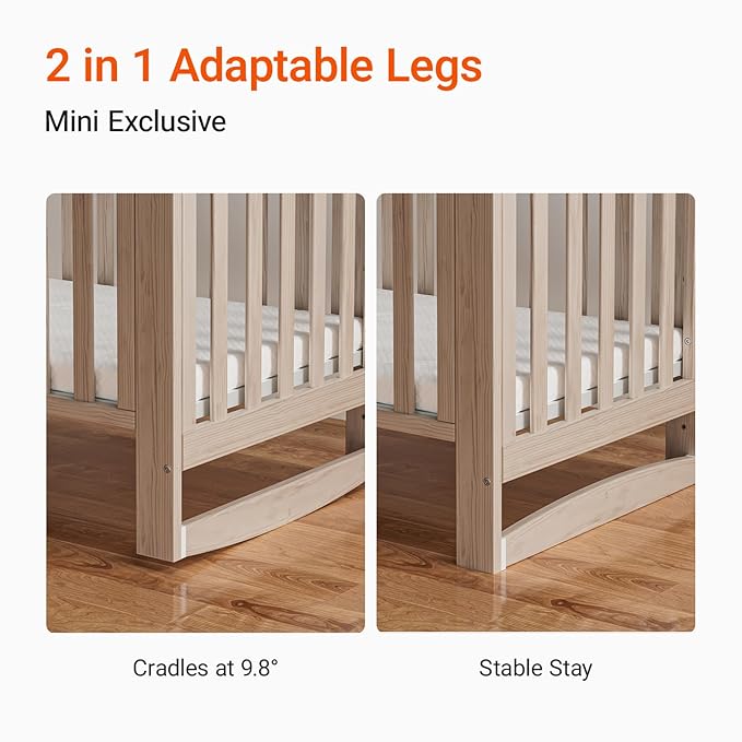 EvoNest Baby Crib, 6 in 1 Convertible Mini Crib with Wheels, 100% New Zealand Solid Wood Growing Bed, 4 Adjustable Mattress Height,Washed Natural