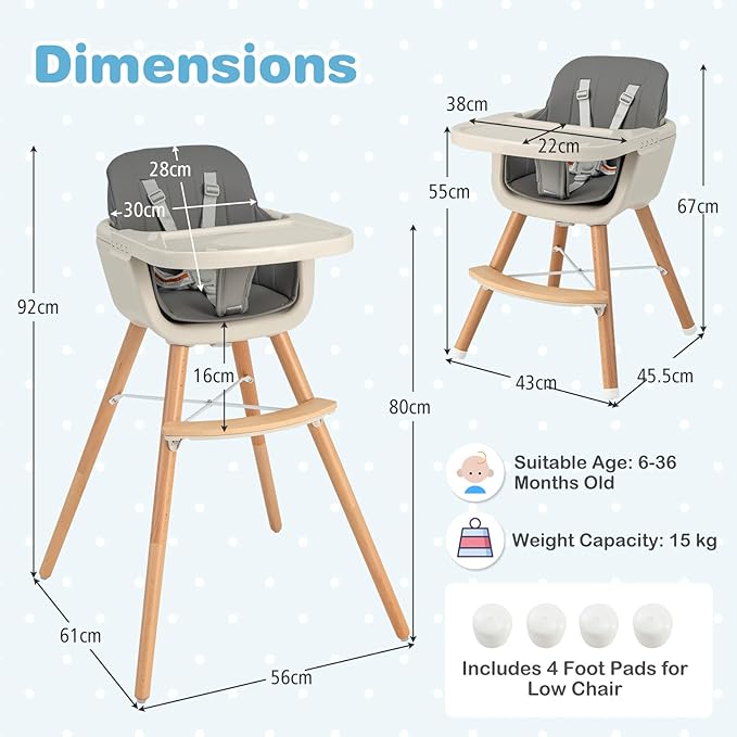 HONEY JOY Baby High Chair, 6-in-1 Eat & Grow Wooden Highchair/Toddler Chair with Removable Tray, 5-Point Harness, PU Cushion and Footrest, Convertible High Chair for Babies and Toddlers(Dark Gray)