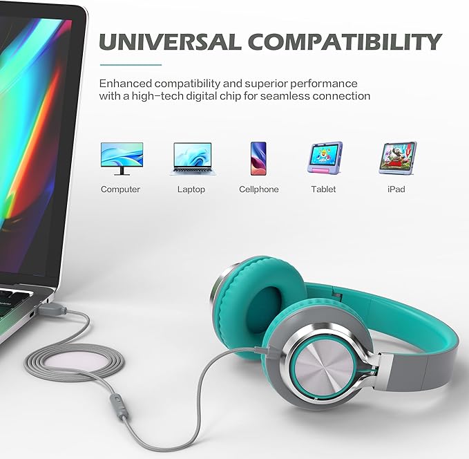 AILIHEN C8 Kids Headphones Wired USB C, USB-C Headphones with Microphone & Volume Control, Foldable Stereo Sound Tangle-Free Type C Cord, Compatible with Cellphone, Laptop, PC, Computer (Grey Mint)