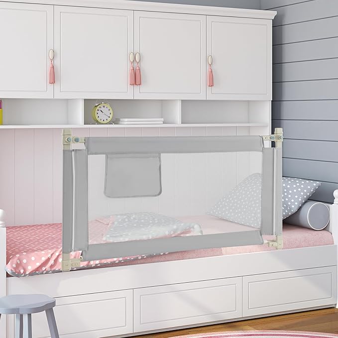BABY JOY Bed Rail for Toddlers, 47''Long, Height Adjustable & Foldable Baby Bed Rail Guard w/Storage Pocket & Double Safety Child Lock for Kids Twin Double Full Size Queen King Mattress (Grey)