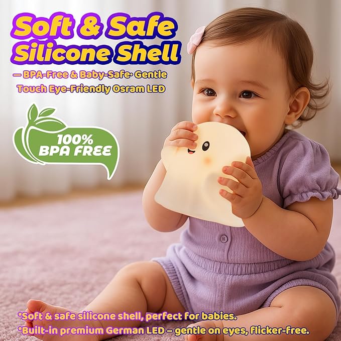 Halloween Ghost Night Light RGB โ Touch Night Light for Kids, Rainbow Color-Changing,30-Min Timer,Sounds & Sleep Music, Squishy Silicone, USB Rechargeable, Nursery Decor, Ghost Light Decor