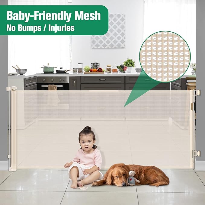110 Inch Extra Wide Retractable Baby Gate for Large Openings Pet Gates for Dogs Indoor Retractable Baby Gates Outdoor Dog Gates for The House Extra Wide Baby Gate Large Dog Gate for Doorways, Beige