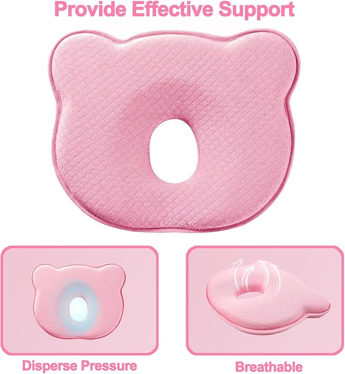 Memory Foam Baby Pillow, Portable Cartoon Bear Soft and Cozy Pillow, Breathable Bedding Set for Infants for Small Boys and Girls(Pink)