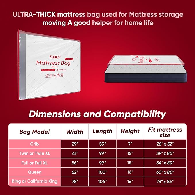 ZCHENBS® – Mattress Bags for Moving and Storage,Mattress Bag with Zippers,5 Mil Ultra-Thick Bed Bag,Waterproof,Anti-Tear,Heavy-Duty Mattress bag (Transaparent/Red, Queen-(2 Pack))