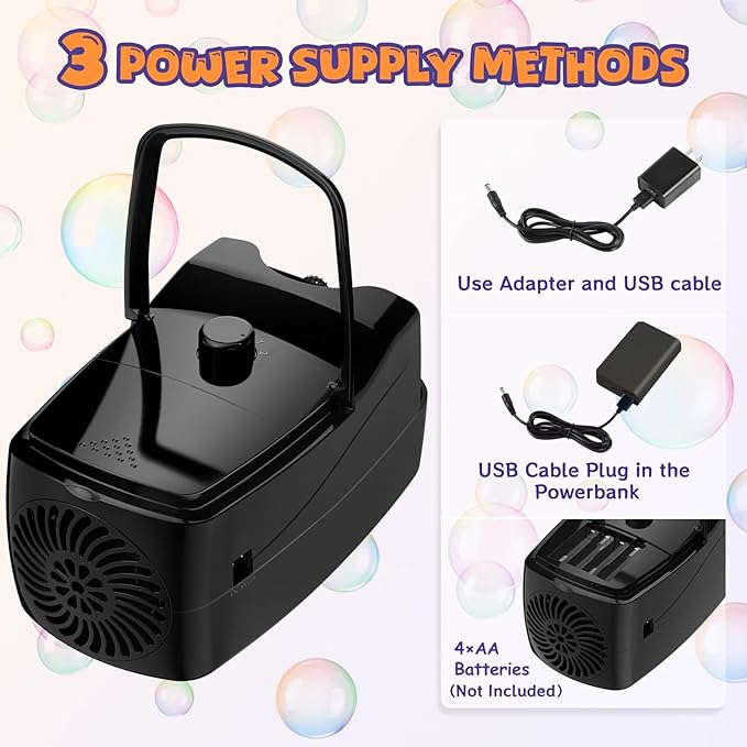 Bubble Machine - 18000+ Bubbles Per Minute, 2 Speed Settings, Battery/USB Powered Outdoor Bubble Blower for Toddlers, Birthday Parties, Weddings (Black)