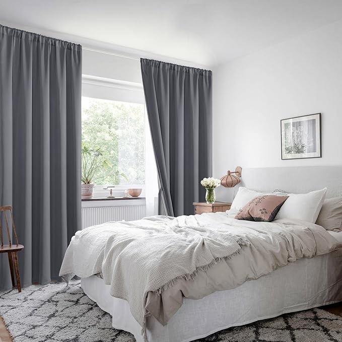 XWZO 100% Blackout Curtain Panels - Rod Pocket Thermal Insulated Black Liner, Noise Reducing and Heat Blocking Drapes for Hall and Studio Windows with Tiebacks, Dark Grey, W52 x L63, Set of 2