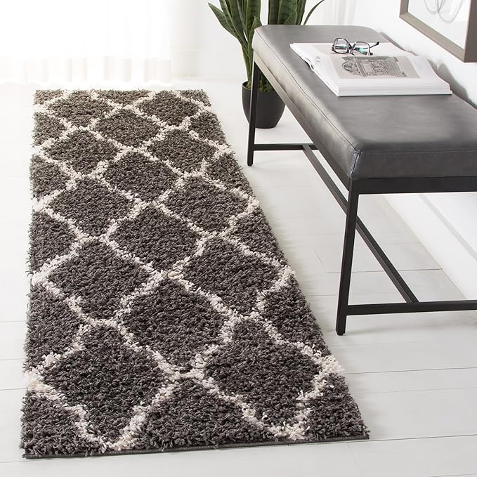 SAFAVIEH Dallas Shag Collection Runner Rug - 2'3" x 14', Dark Grey & Ivory, Trellis Design, Non-Shedding & Easy Care, 1.5-inch Thick Ideal for High Traffic Areas in Living Room, Bedroom (SGDS257A)