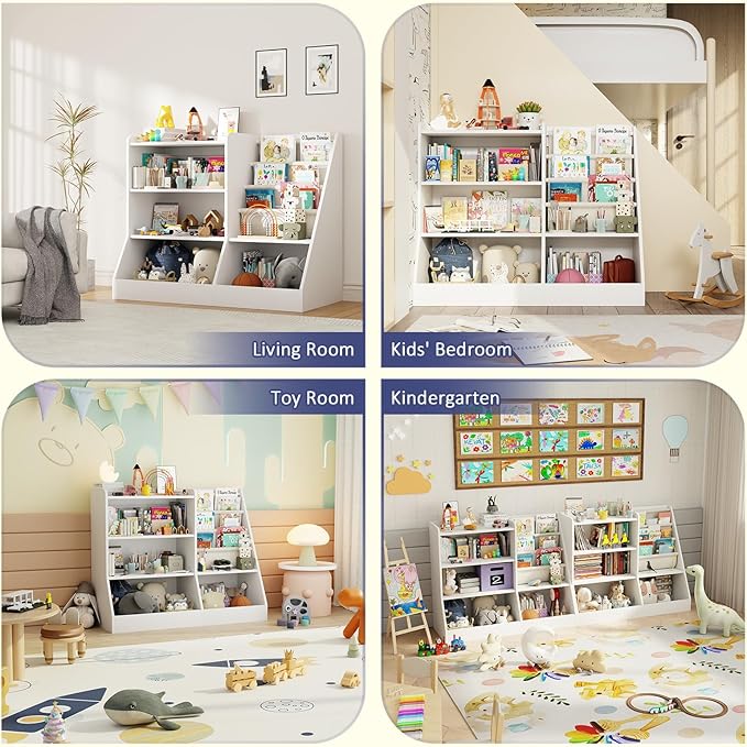 39" Large Kids Wooden Bookshelf and Toy Storage Organizer, Baby Bookcase with Sling Book Rack, Children Toddler Wooden Book Shelf for Kids Rooms, Playroom, Classroom, Nursery, School (White)