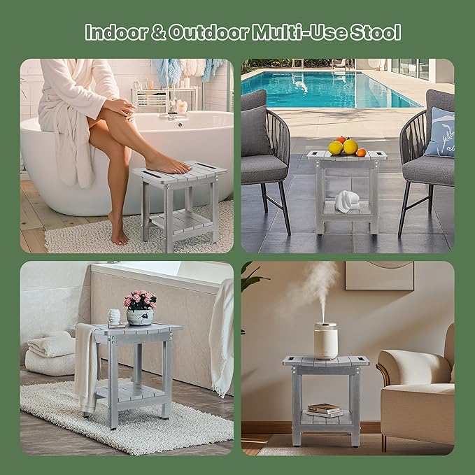HDPE Shower Bench Seat Capacity 300LB, Waterproof Bathroom Stool with Side Carry Holes, Compact 16.8" L Design, Non-Slip Shower Seat for Elderly, Shaving Legs & Spa - Indoor/Outdoor Use (Gray)