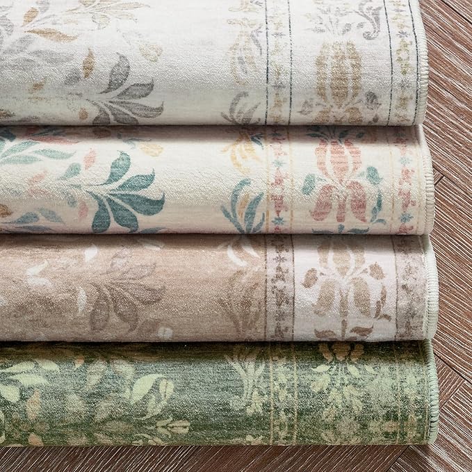 jinchan Vintage Floral Runner Rug 2x5 - Machine Washable Distressed Design Non-Slip Low-Pile Soft Thin Carpet for Hallway Kitchen Farmhouse Bedroom Entryway Laundry Room (2x5ft,Dark Green)