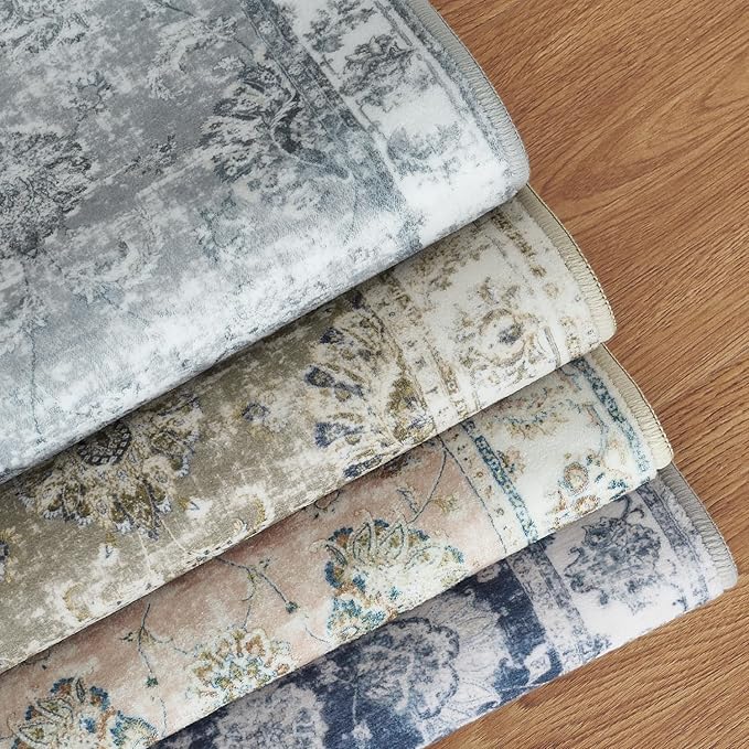 jinchan Hallway Runner Rug 3x8 Washable Runner - Vintage Floral Non Slip Low-Pile Soft Thin Faux Wool Kitchen Rug Distressed Carpet for Farmhouse Bedroom Laundry Room(3x8ft,Taupe)