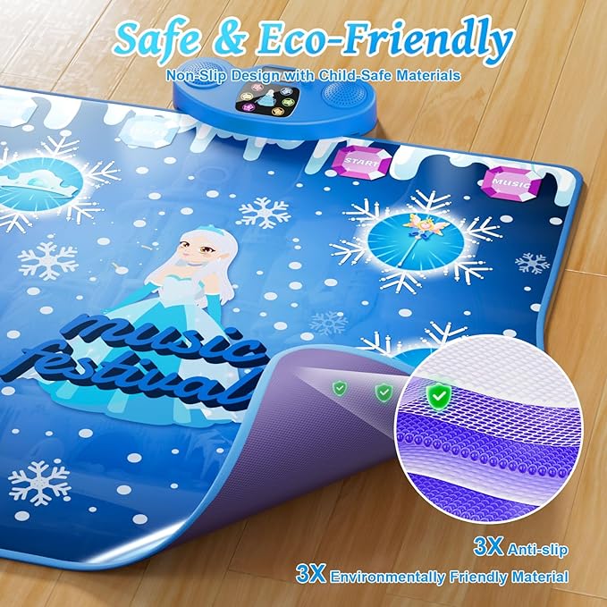 Dance Mat, Ice and Snow 6-Button Princess Dance Mat for Kids Ages 4-8, Bluetooth Music Control, 13 Built-in Music, 6 Game Modes, 3-10 Year Old Girl Gifts