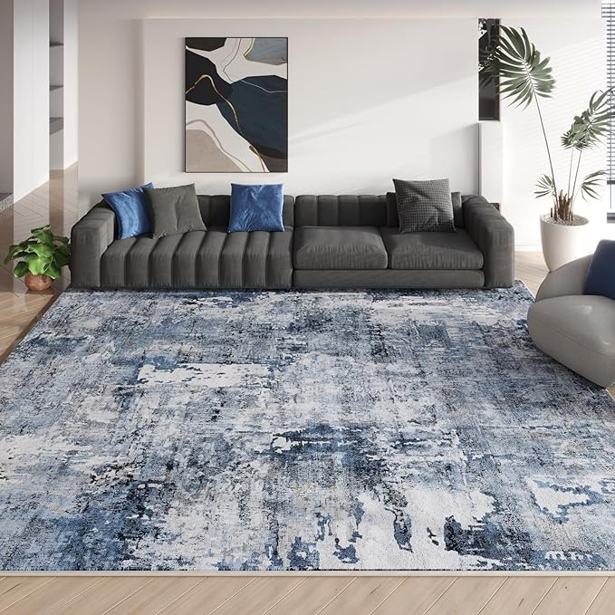 9x12 Rug Washable Boho Rug Soft Large Area Rug Non-Slip Non-Shedding Faux Wool Vintage Rug for Living Room, Farmhouse, Dining Room, Indoor, Kids Playroom, Blue