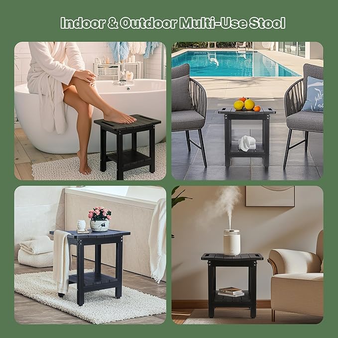 HDPE Shower Bench Seat Capacity 300LB, Waterproof Bathroom Stool with Side Carry Holes, Compact 16.8" L Design, Non-Slip Shower Seat for Elderly, Shaving Legs & Spa - Indoor/Outdoor Use(Black)