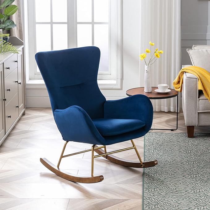 Velvet Rocking Accent Chair Upholstered Nursery Glider Rocker for Baby/Kids Comfy Nursing Lounge Side Chair for Living Room Bedroom, Blue