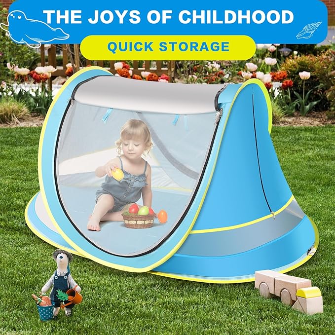 Baby Beach Tent with Baby Hat, Pop Up Toddler Travel Bed with Sun Hat for Boys or Girls, Sun Shade for Toddler Camping, Infant Portable Sun Shade, Summer Beach Baby