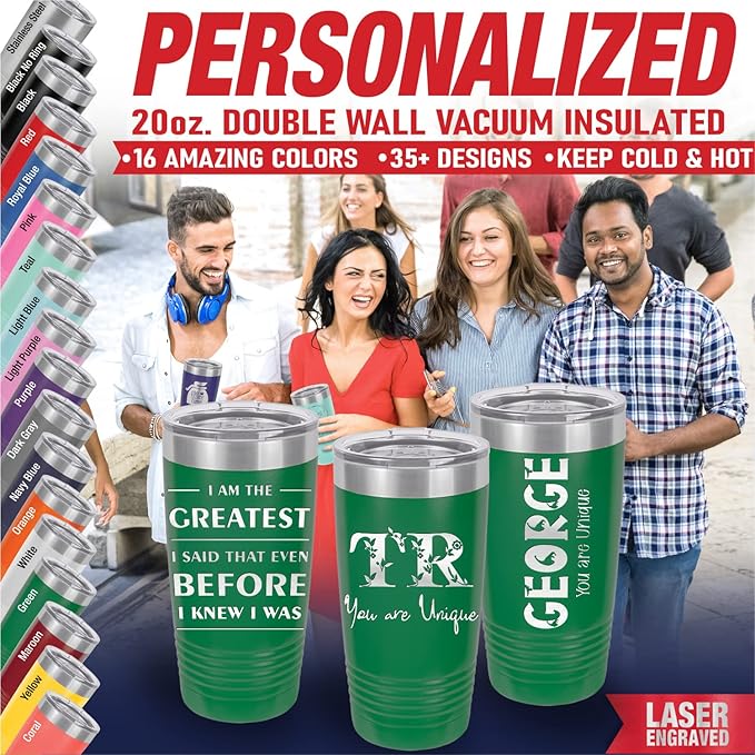 Personalized Tumbler, Vacuum Insulated Travel Coffee Mug 20oz, Gifts for Him, Father’s Day Gift, Keeps Drink Cold and Hot, Closing Lid Included (Green)
