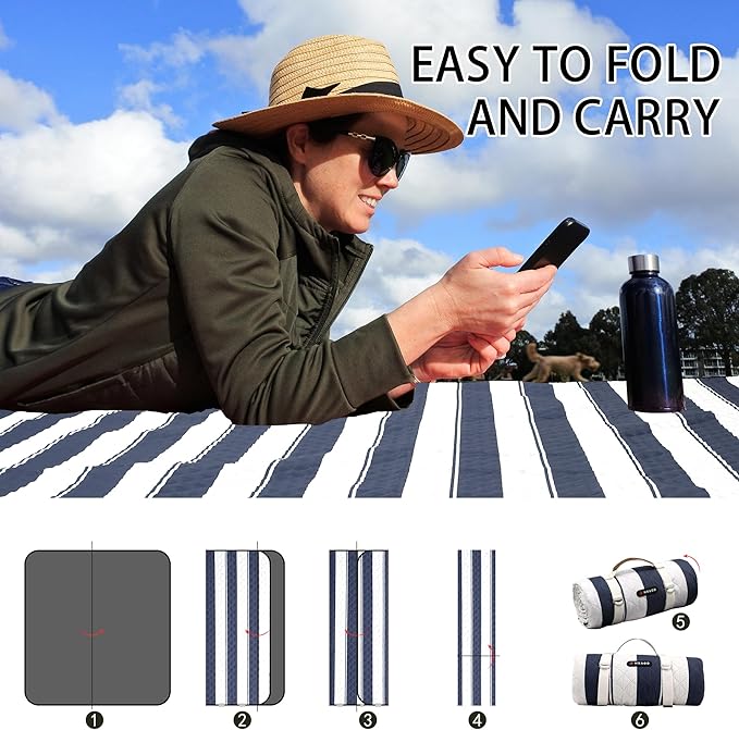 HX&OD Outdoor Picnic Blanket Extra Large, 80”x80” Waterproof Picnic Mat Foldable Camping Blanket Portable with Carry Strap for Beach Mat (Bule)