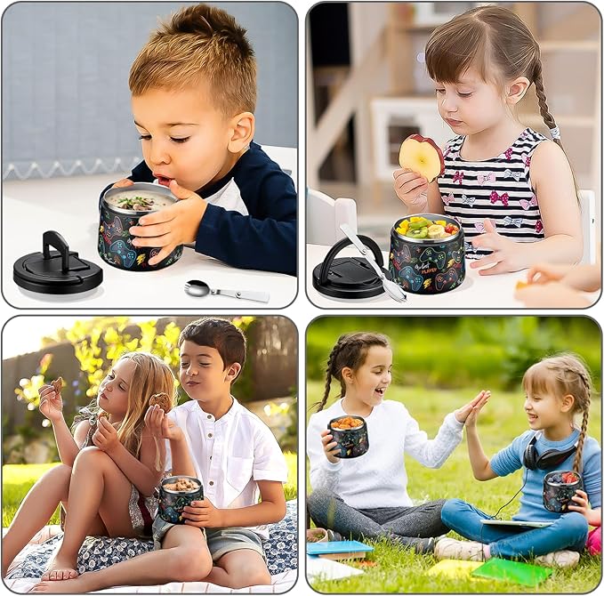 14oz Insulated Vacuum Food Jar with Buckle Lid,Soup Thermo for Hot Food Kids,Wide Mouth Leakproof Stainless Steel Lunch Container with Spoon-Black Game