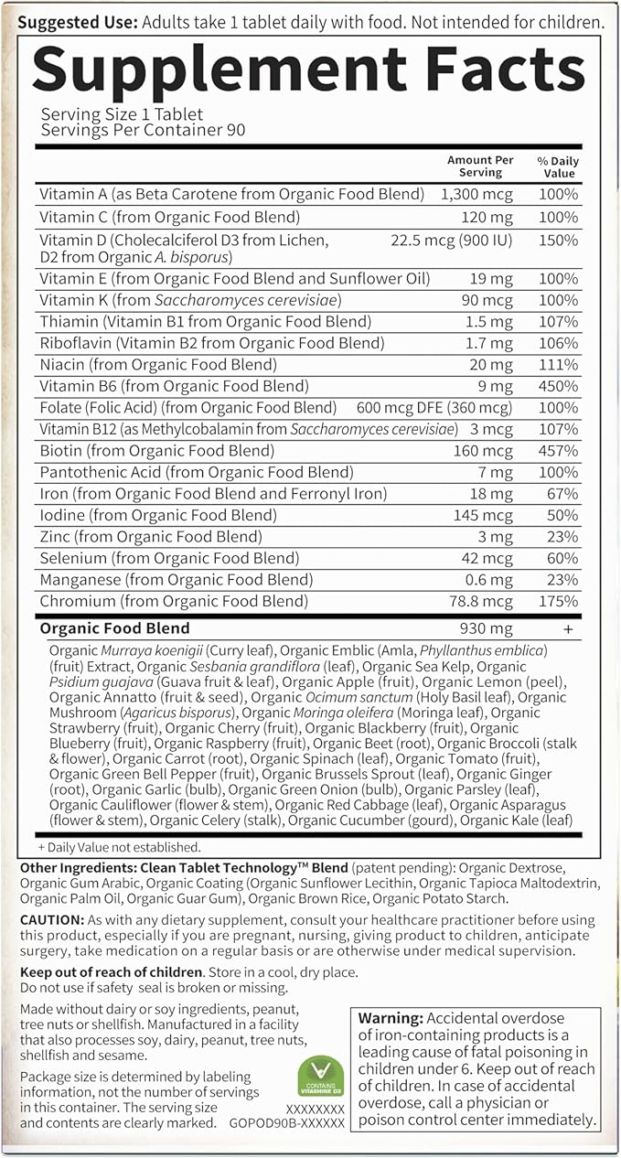 Garden of Life Prenatal Vitamins for Women, Organics Folate for Energy & Healthy Fetal Development, Non-constipating Iron, Vitamin C, B6, B12, D3, Non-GMO, Gluten-Free, Vegan, 90 Day Supply