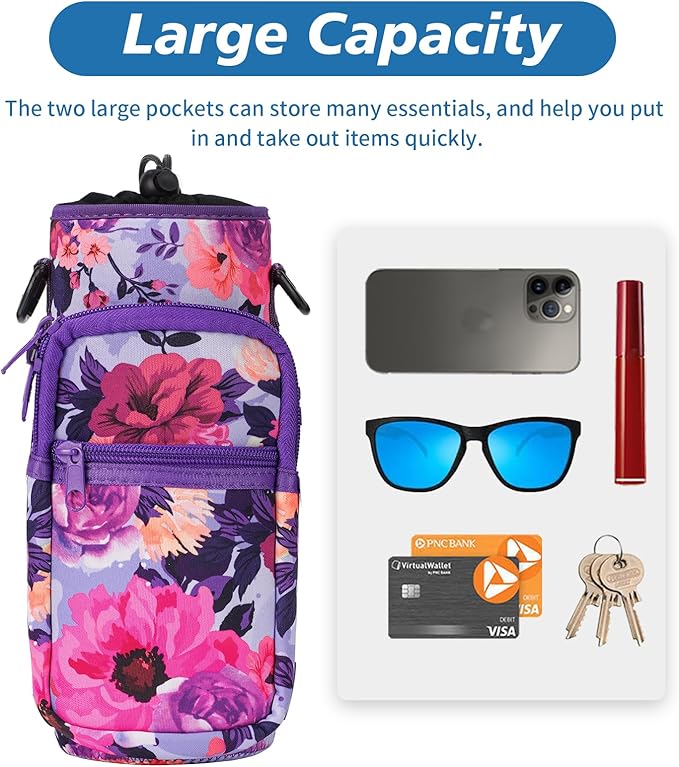 32 40 oz Water Bottle Carrier with Strap, Neoprene Water Bottle Sleeve Bag with 2 Pockets Insulated Flask Sling Holder for Walking Hiking Gym