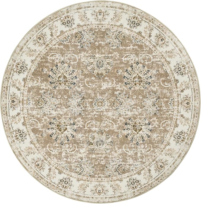 jinchan Round Rug 5ft Area Rug - Indoor Vintage Hallway Circle 5' Washable - Ultra-Thin Low Pile Soft Small Non Slip Distressed Floral Print for Living Room Dining Room Bedroom Entryway Taupe