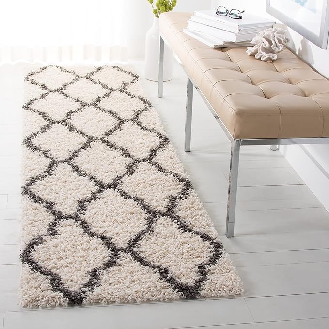 SAFAVIEH Dallas Shag Collection Runner Rug - 2'3" x 14', Ivory & Dark Grey, Trellis Design, Non-Shedding & Easy Care, 1.5-inch Thick Ideal for High Traffic Areas in Living Room, Bedroom (SGDS257H)