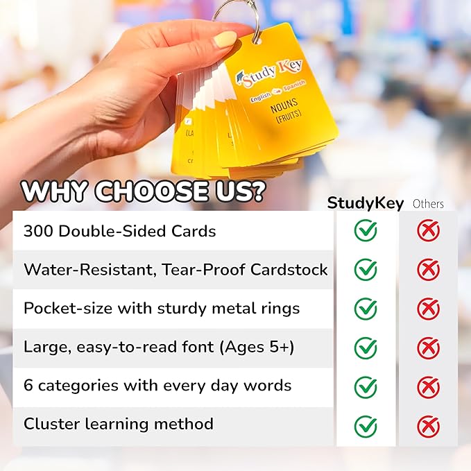 300 Vocabulary Flashcards | Double Sided English-Spanish Bilingual Flashcards for Adults & Kids Ages 12+ | Portable Noun Flash Cards to Learn Spanish for Adult Beginners